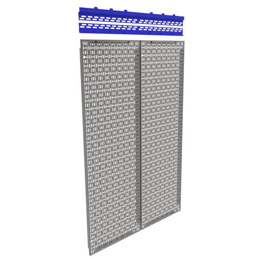 Metal pegboard with blue top strip on a white background