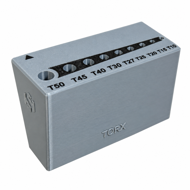 Load image into Gallery viewer, A brushed silver plasticelectronic module labeled 'TORX' with terminal markings T50, T45, T40, T30, T27, T25, T20, T15, and T10 on top, shown on a plain white background.
