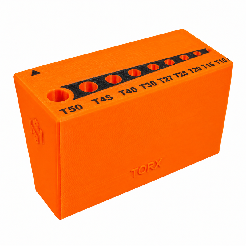 Load image into Gallery viewer, An orange Torx T-series threaded socket block with black printed thread labels (T50, T45, T40, T30, T27, T25, T20, T15, T10) and threaded holes on top, shown on a white background.
