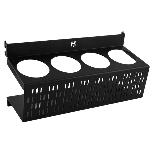 Black makeup tray with four white compartments on a white background