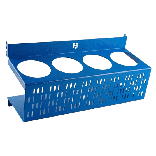Blue metal tray with four circular holes on a white background