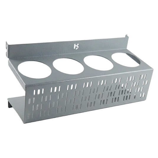 Metallic grill basket with four compartments on a white background