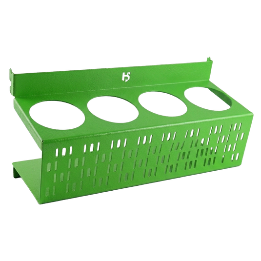 Green metal stand with four circular slots on a white background