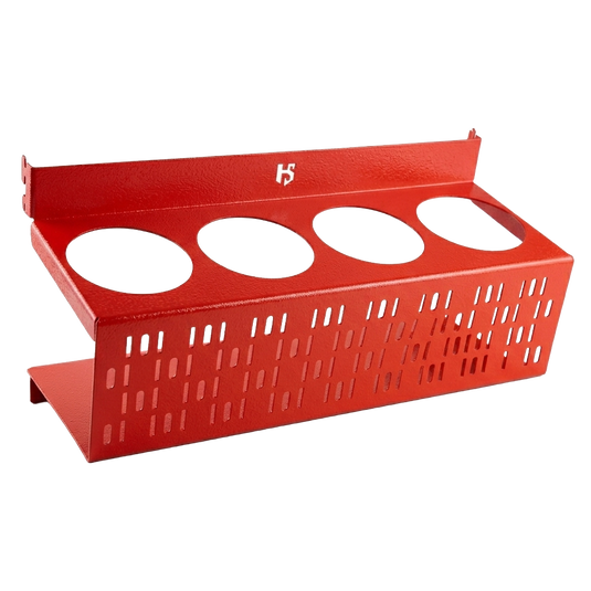 Red metal tray with four circular slots on a white background
