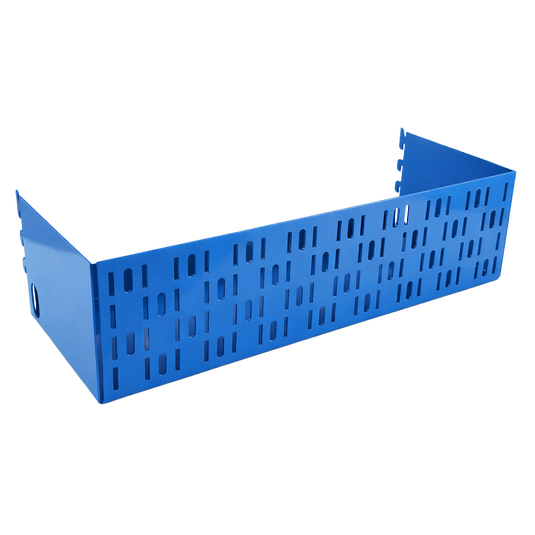Blue metal storage bin with grid pattern on a white background