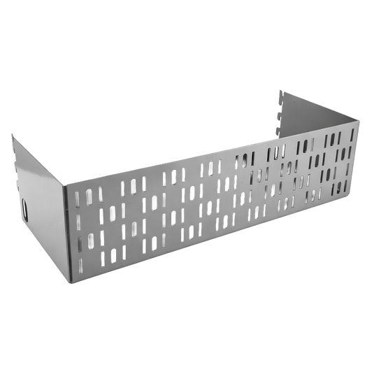 Gray metal storage bin with grid pattern on a white background