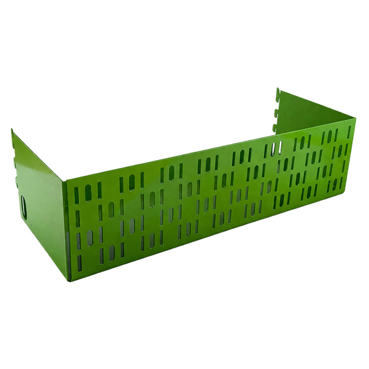 Green metal storage bin with grid pattern on a white background