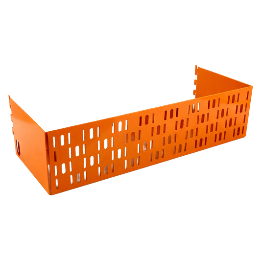 Orange metal storage bin with grid pattern on a white background