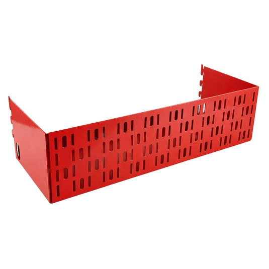 Red metal storage bin with grid pattern on a white background
