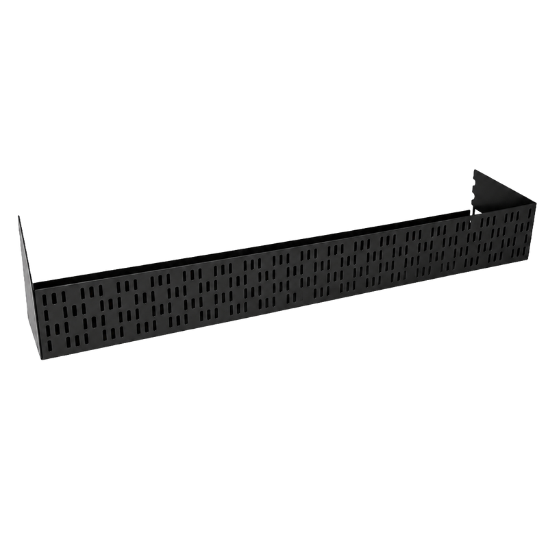 Load image into Gallery viewer, Black metal shelf with perforated design on a white background
