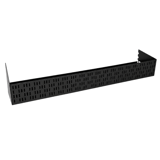 Black metal shelf with perforated design on a white background