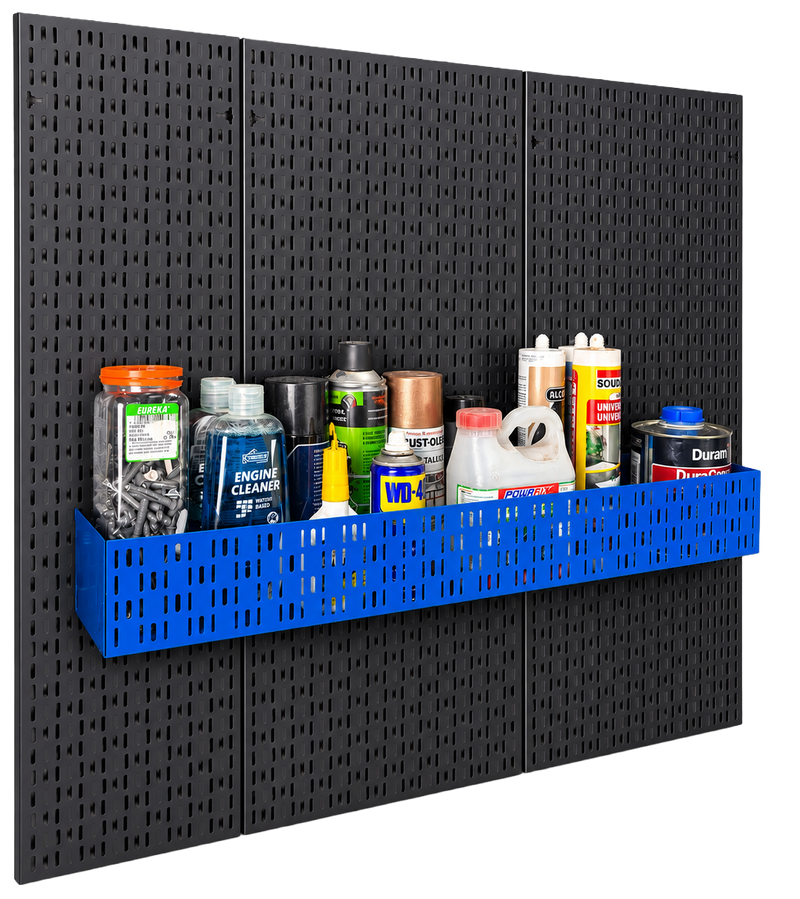 Load image into Gallery viewer, Black pegboard wall with blue storage basket holding various bottles and containers.
