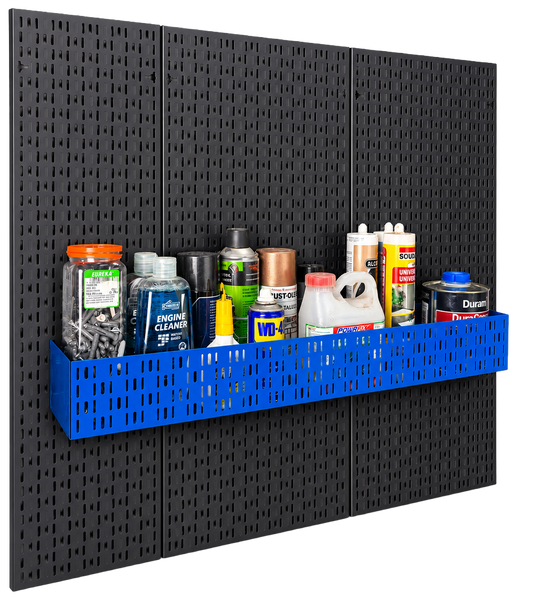 Black pegboard wall with blue storage basket holding various bottles and containers.