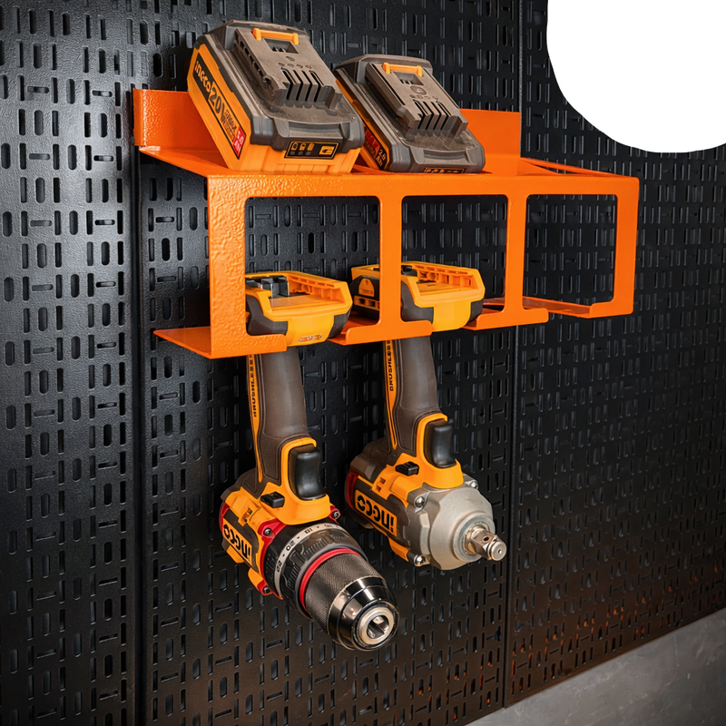 Load image into Gallery viewer, Orange power tool organizer with two drills on a black pegboard wall.
