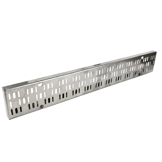 Stainless steel pegboard on a white background
