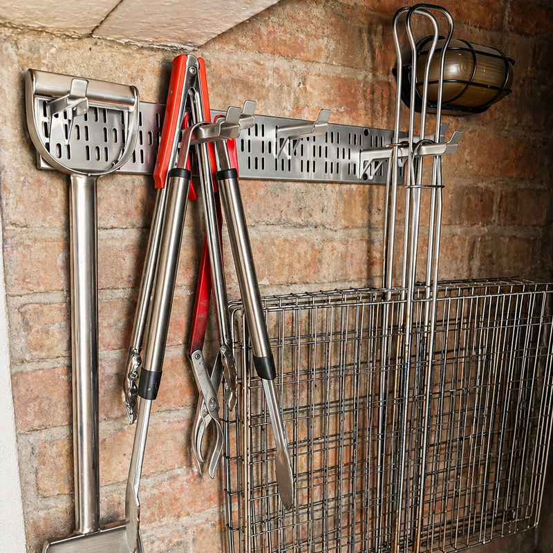 Load image into Gallery viewer, Set of braai tools including tongs, spatulas, and a basket hanging on a brick wall.
