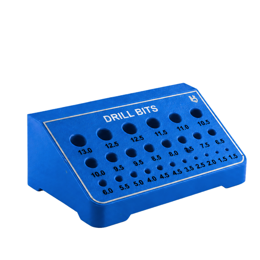 Blue drill bit set holder with various drill bits on a black background
