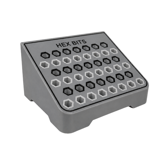 Gray container with hexagonal holes labeled 'HEX BITS' on a black background
