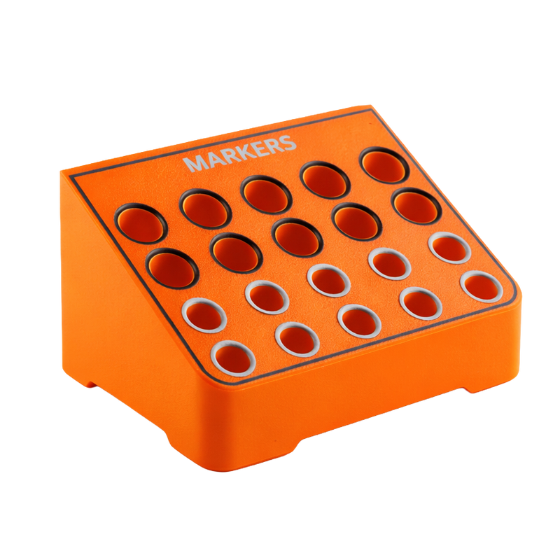 Load image into Gallery viewer, Orange marker holder with multiple slots on a white background
