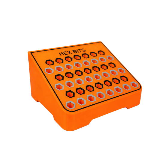 Orange container with hexagonal holes labeled 'HEX BITS' on a white background