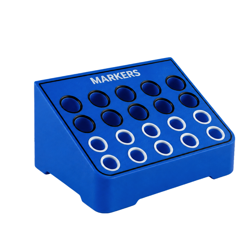 Load image into Gallery viewer, Blue marker holder with circular slots on a black background
