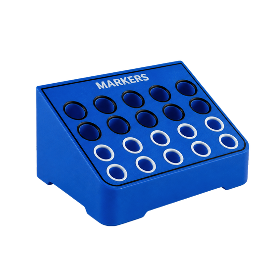 Blue marker holder with circular slots on a black background