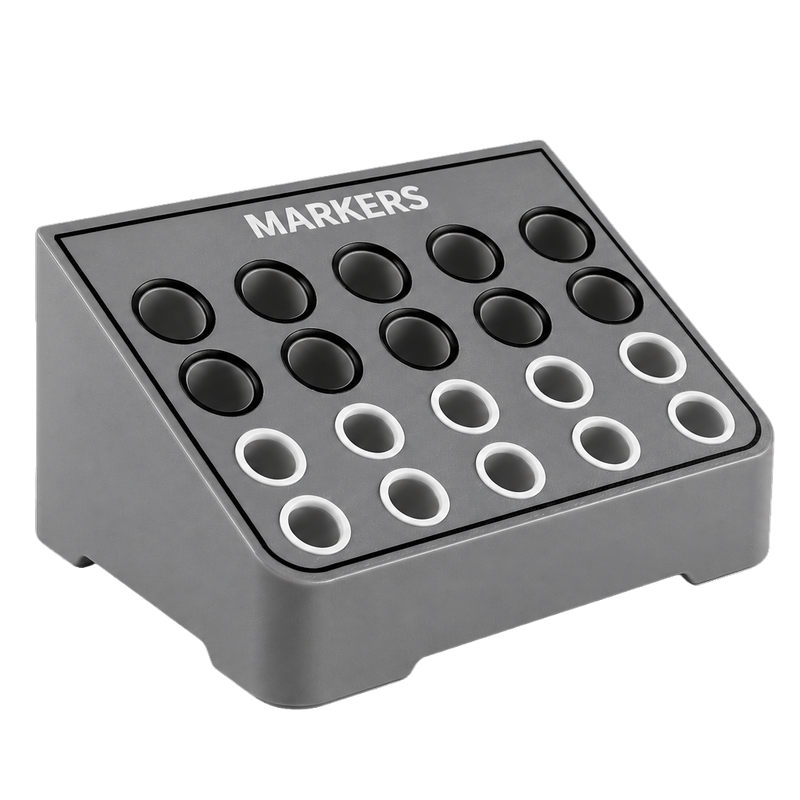 Load image into Gallery viewer, Gray marker holder with multiple marker slots on a black background
