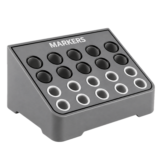 Gray marker holder with multiple marker slots on a black background