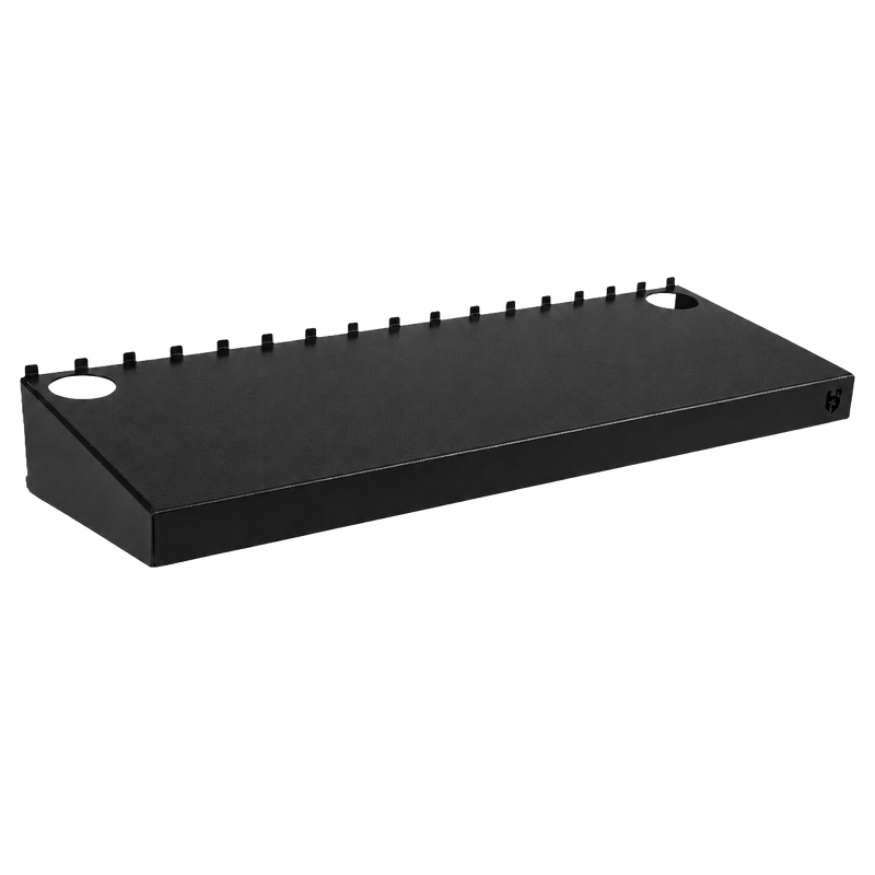 Load image into Gallery viewer, Black metal shelf with multiple holes on a white background
