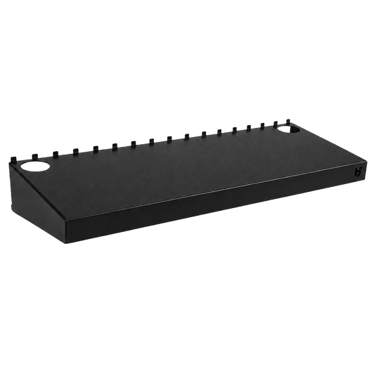 Black metal shelf with multiple holes on a white background