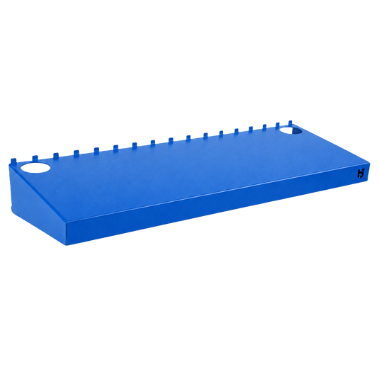 Blue metal tray with multiple small holes on a white background