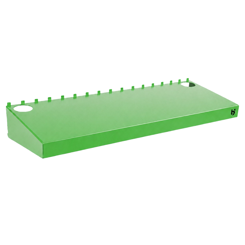 Load image into Gallery viewer, Green metal shelf with holes on a white background

