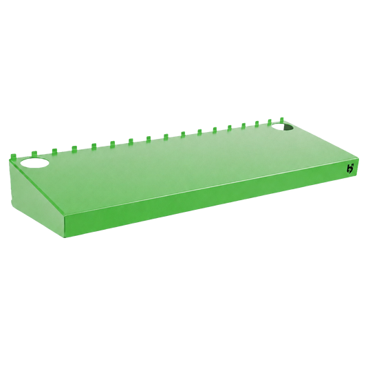 Green metal shelf with holes on a white background