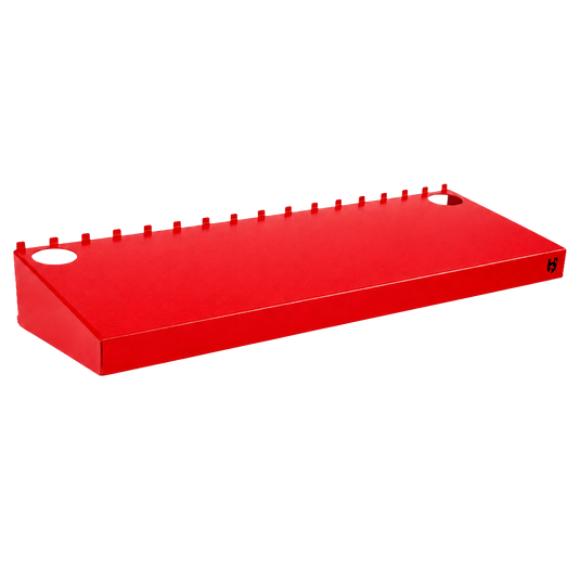 Red rectangular shelf with multiple small shelves on a white background