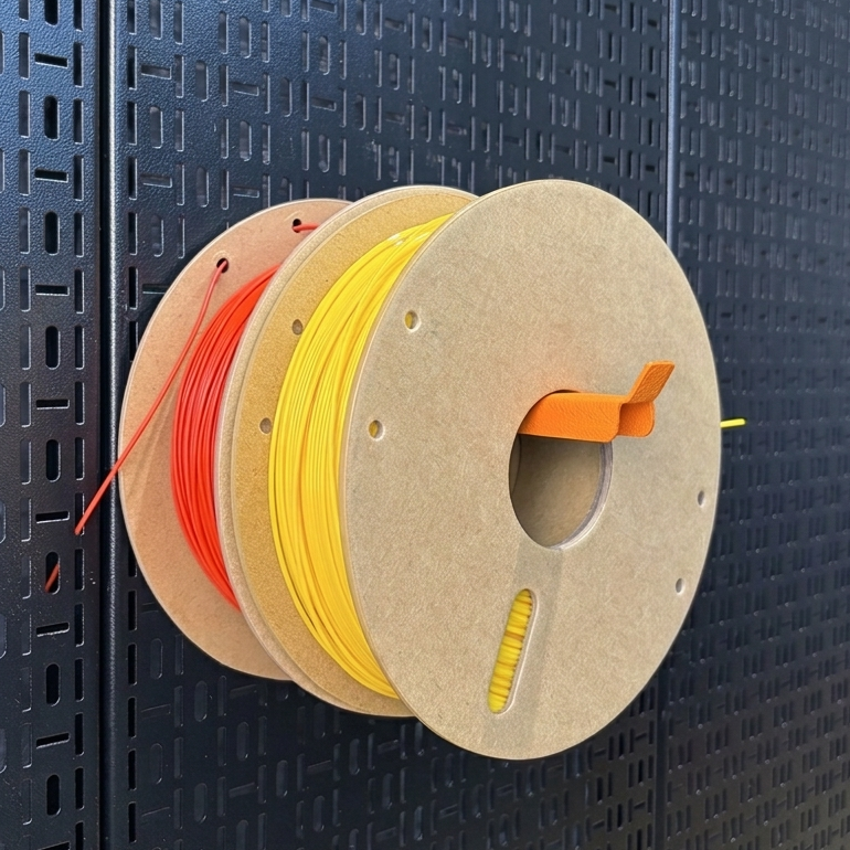 Load image into Gallery viewer, Two cardboard spools with red and yellow wires against a dark textured wall.
