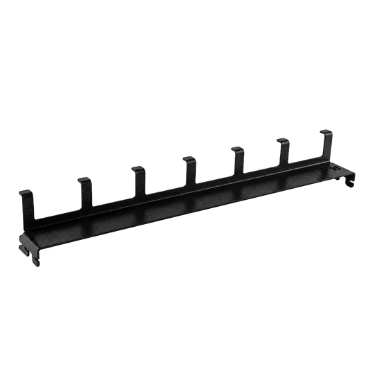 Black metal pegboard with multiple hooks on a white background