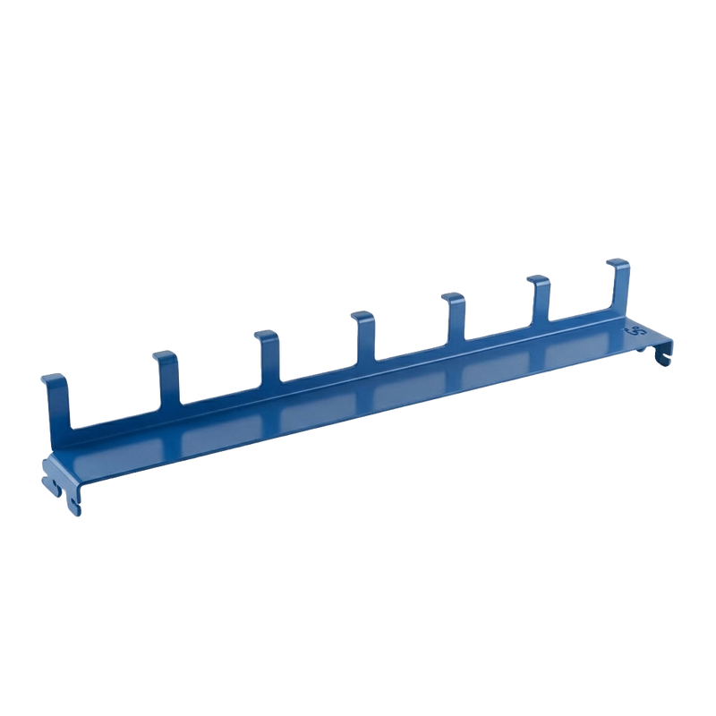Load image into Gallery viewer, Blue metal pegboard with multiple hooks on a white background
