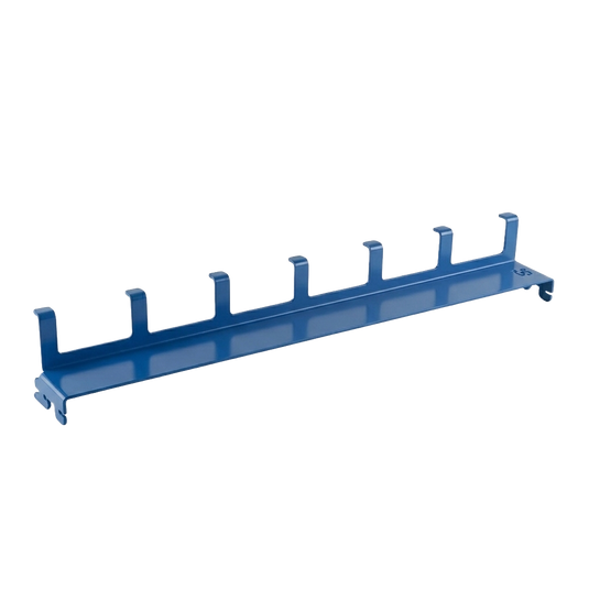Blue metal pegboard with multiple hooks on a white background