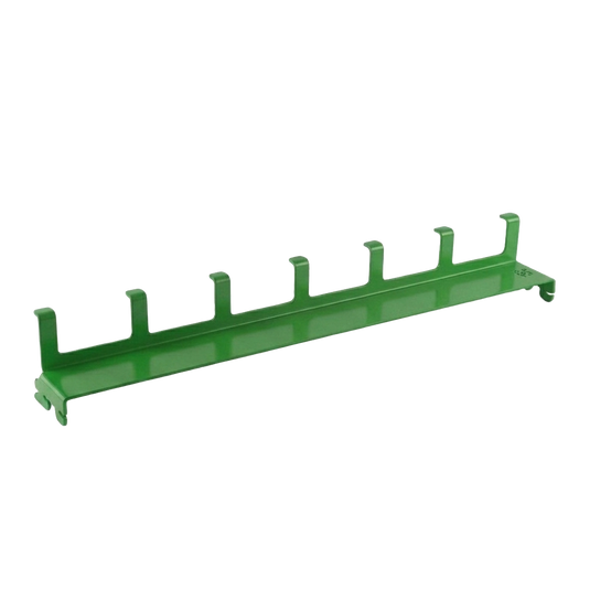 Green metal rack with multiple hooks on a white background