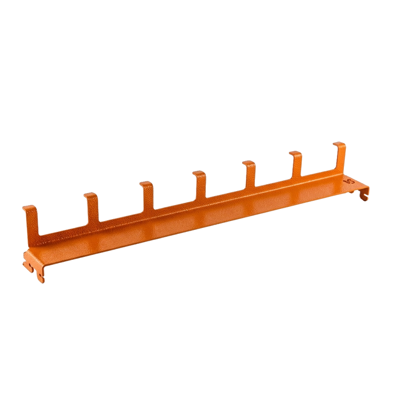 Load image into Gallery viewer, Orange metal pegboard with multiple hooks on a white background
