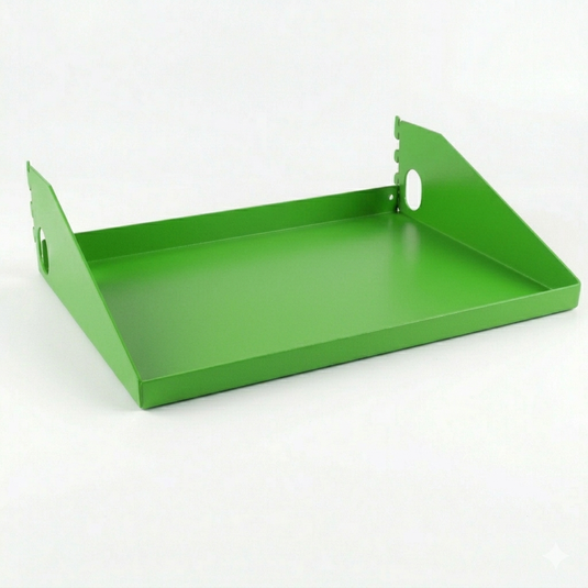 Green metal tray on a white background