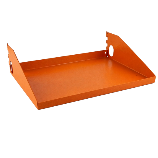 Orange metal tray with geometric design on a white background