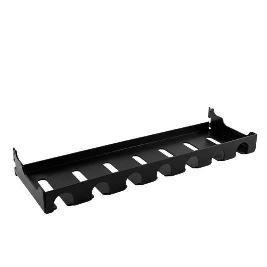 Black metal shelf with multiple hooks on a white background